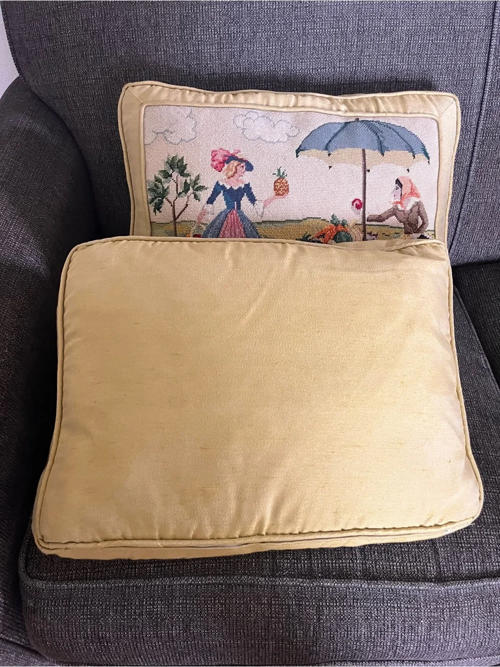Vintage Tapestry Needlepoint Decorative Pillow - Yellow Border
